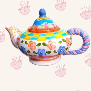 World Bazaar Glazed Terracotta Floral Checkered Pattern & Twisted Handle Teapot